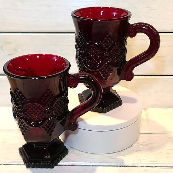 Set of 2 Vintage Avon 1876 Cape Cod Ruby Red Glass 5" Footed Irish Coffee Mugs - Picture 1 of 9